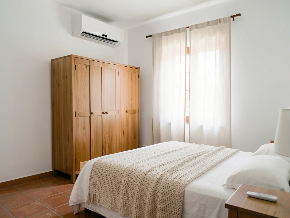 Chambre chauffée par l'unité murale d'une climatisation réversible