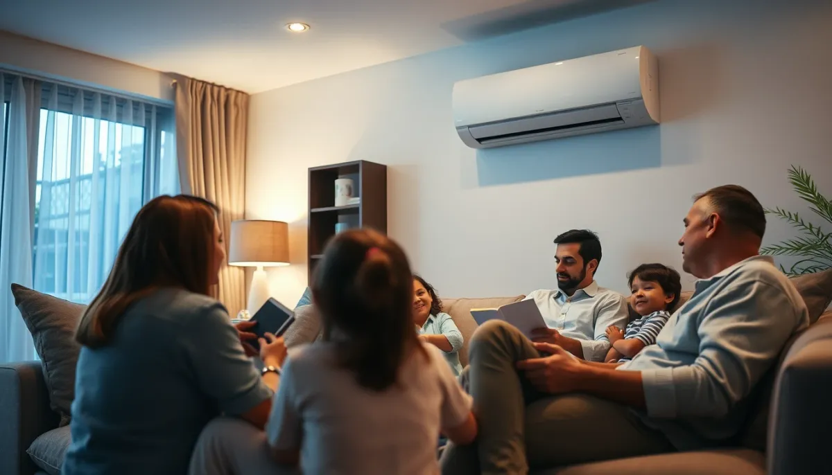 Famille se détendant dans un salon climatisé par une pompe à chaleur air/air Daikin
