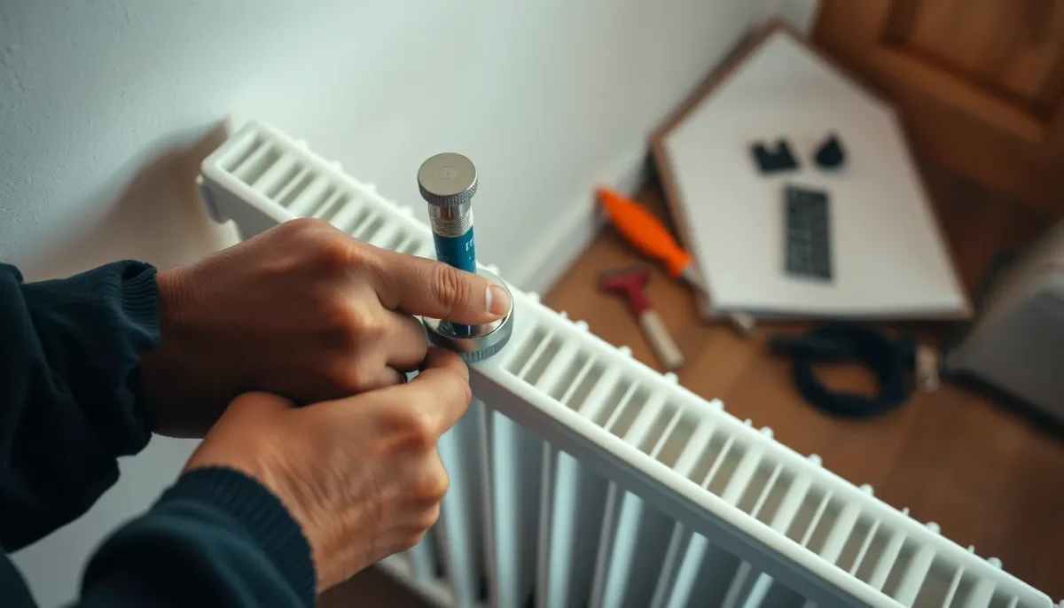Technicien réglant la vanne thermostatique d'un radiateur