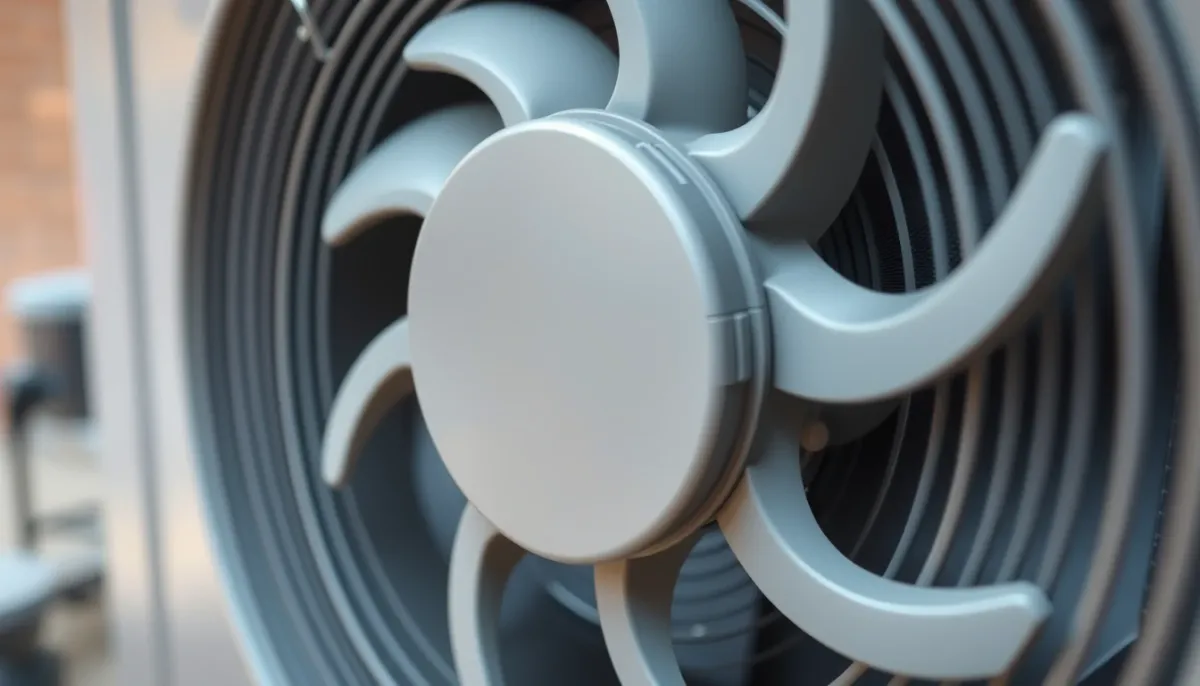 Gros plan sur le ventilateur et la grille d'une unité extérieure de pompe à chaleur