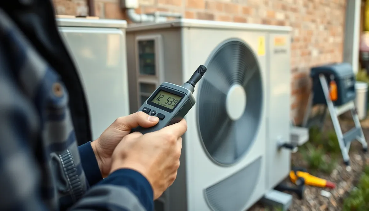 Technicien mesurant le niveau sonore d'une pompe à chaleur avec un sonomètre