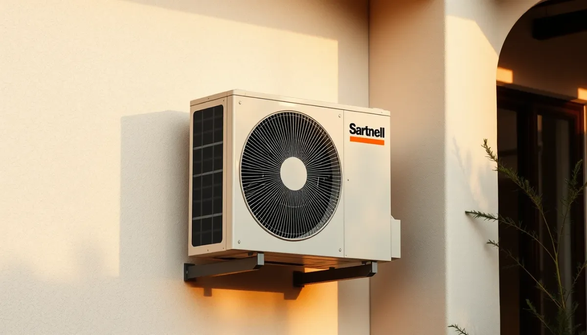 Unité extérieure d'une pompe à chaleur air/air fixée sur un mur extérieur d'une maison méditerranéenne