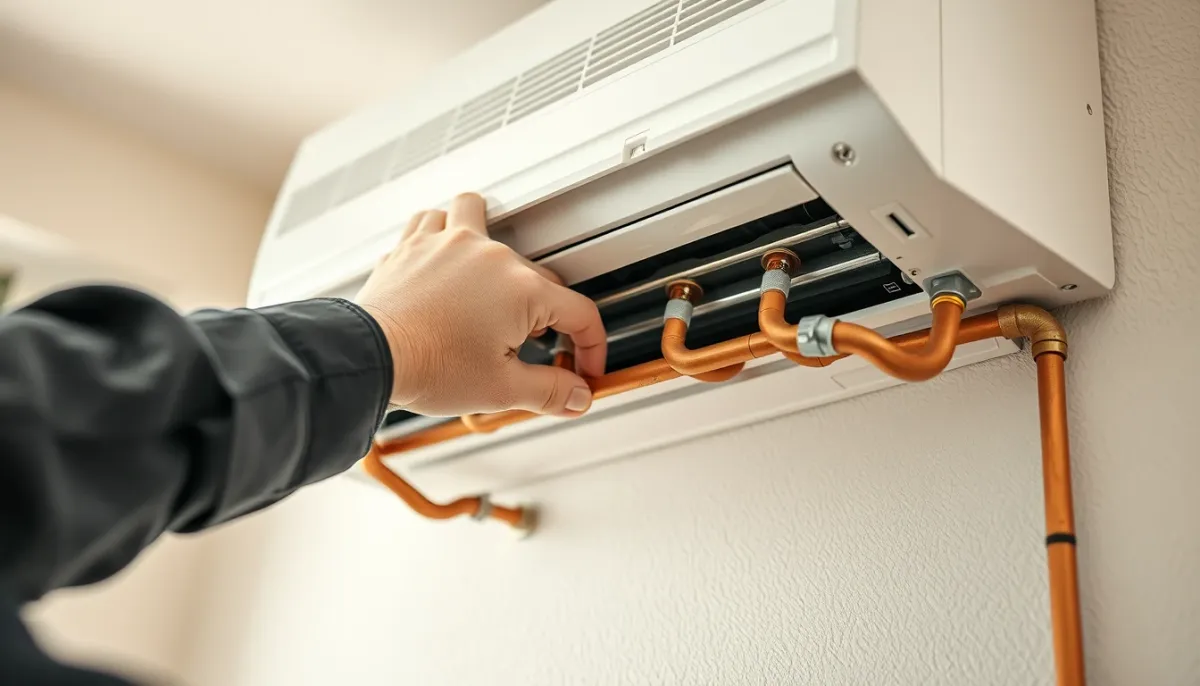 Installation de tuyaux frigorifiques en cuivre sur une unité intérieure de pompe à chaleur air/air