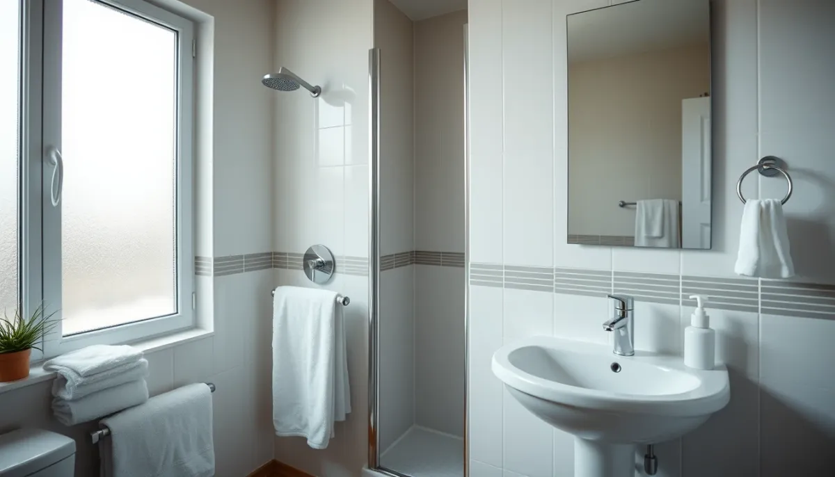 Salle de bain familiale lumineuse avec douche et lavabo