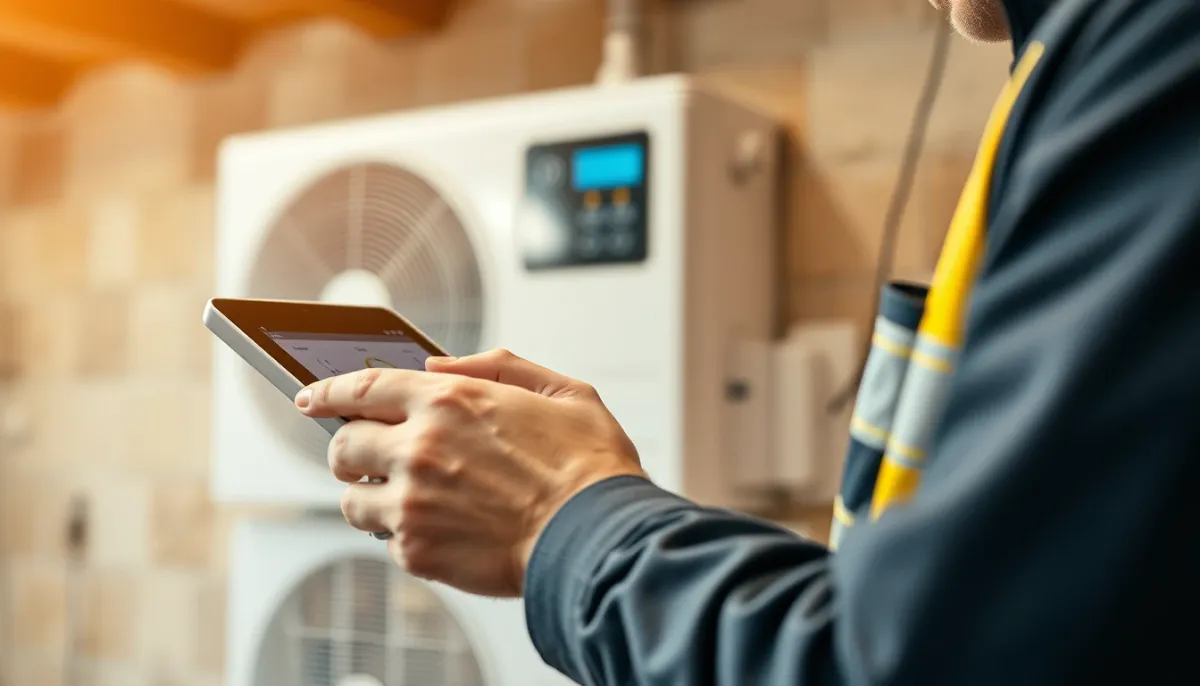 Technicien vérifiant les réglages d'une pompe à chaleur air/eau sur une tablette