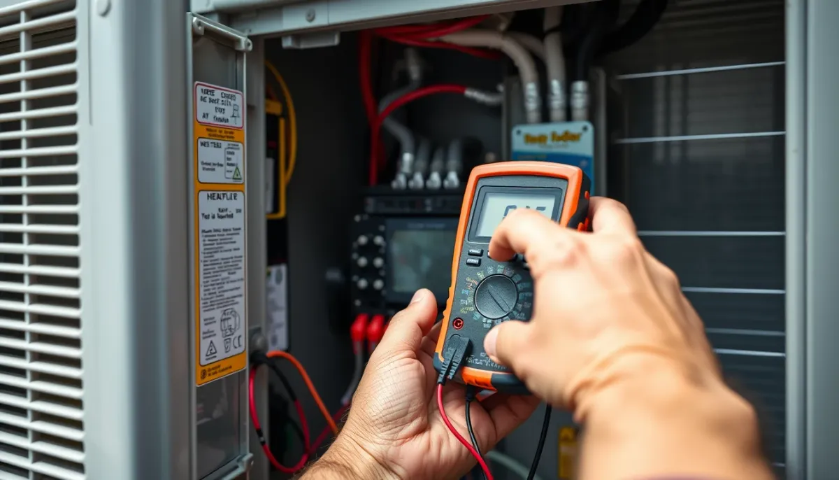Technicien effectuant une mesure électrique sur une pompe à chaleur