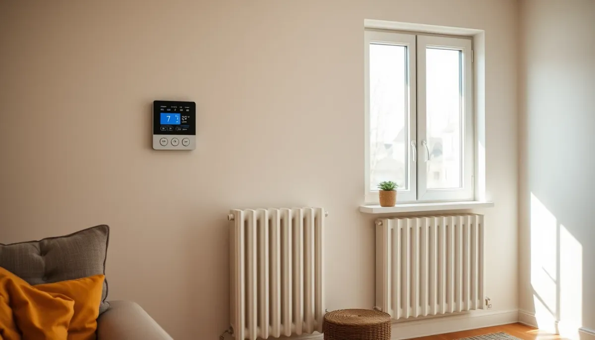 Intérieur d'un salon avec radiateur basse température et thermostat d'ambiance